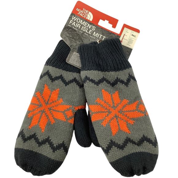 The North Face Women's M/L Gray Orange Fair Isle Fleece Lined Mittens G26-5 - Picture 1 of 6